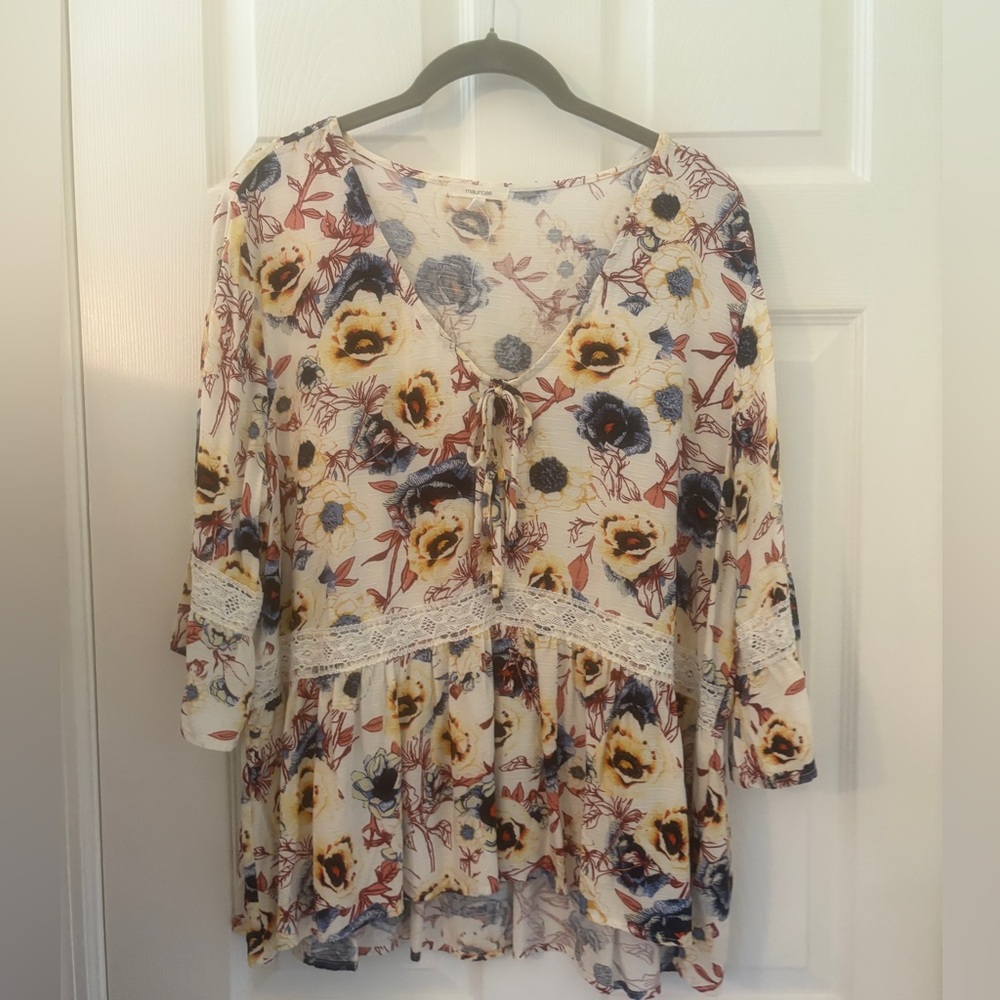 NWOT, Maurices Floral Lace Accent Blouse - Cream, Blue, Yellow